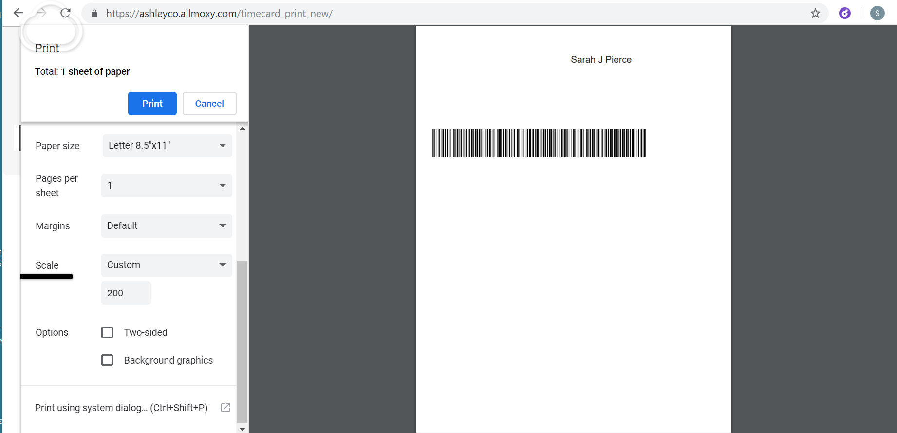 Printer Settings for Timecard