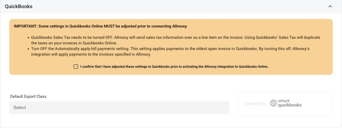 The QuickBooks card on Settings > Integrations > Accounting before connecting