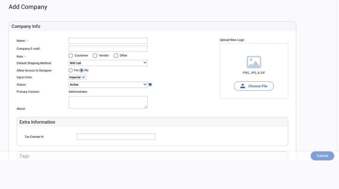 The Add Company form: Company Info with Name, Company E-mail and Role