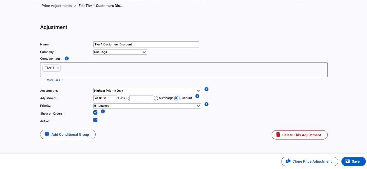 A price adjustment set to Use Tags with a 20% discount, Highest Priority Only