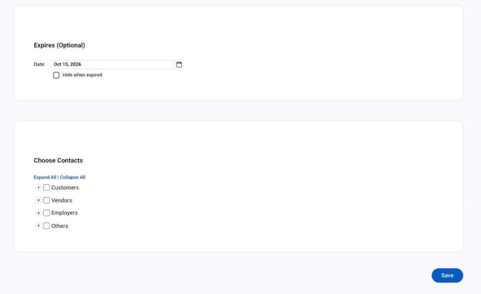 The Add Announcement form: Expires, Hide when expired and Choose Contacts
