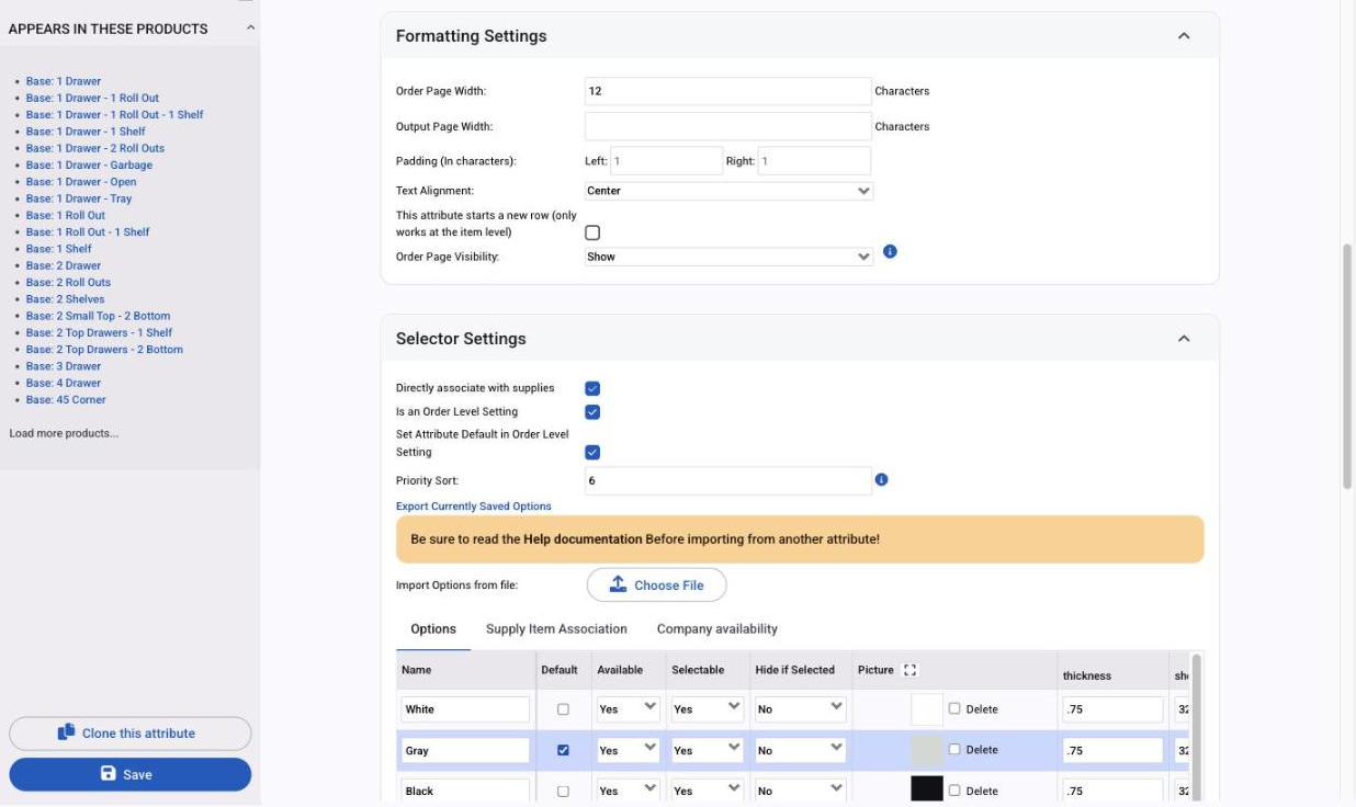 Formatting Settings and Selector Settings on a select attribute
