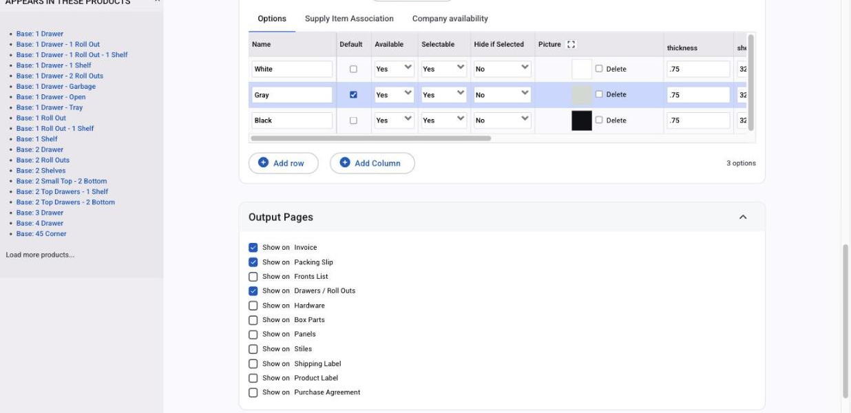 The options table of a dropdown attribute with custom columns