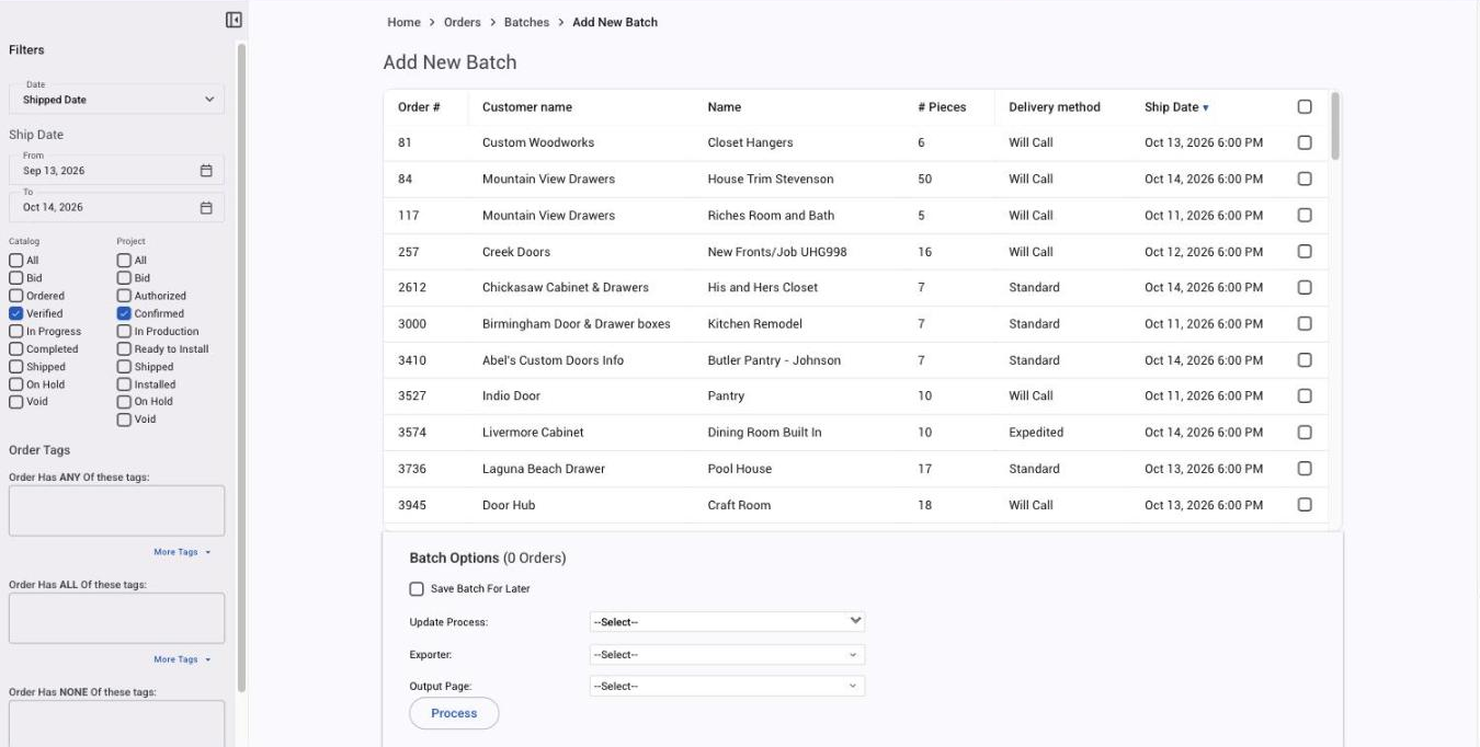 The Add New Batch page with filters on the left, the order list, and Batch Options below