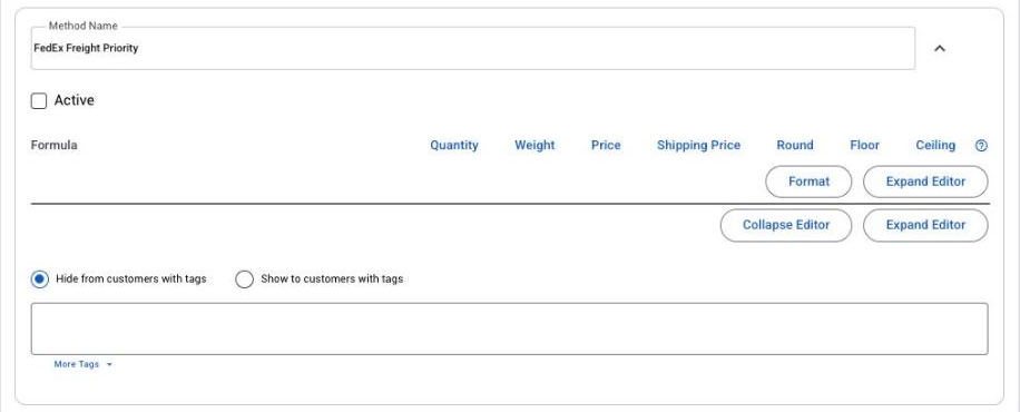 A carrier service card: Method Name, Active, the formula and the tag rule