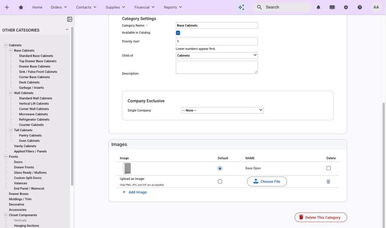 The category form: Category Settings, Company Exclusive and Images