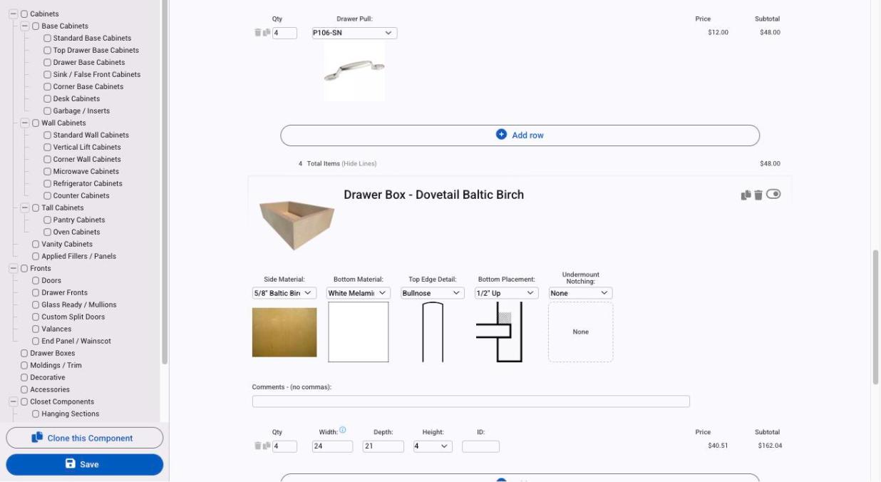 Products inside a component, with their answers filled in and priced live