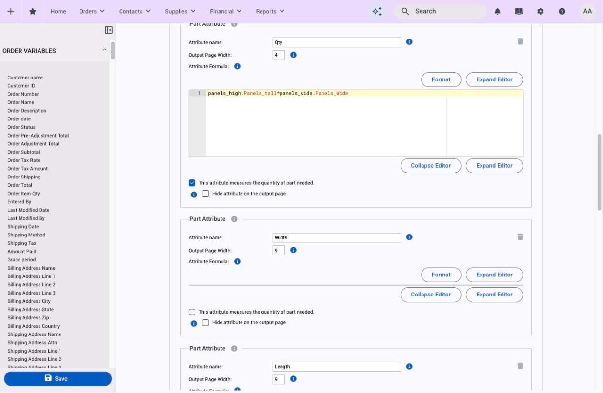 Part attributes on the Parts tab: name, output page width, formula and the quantity checkbox