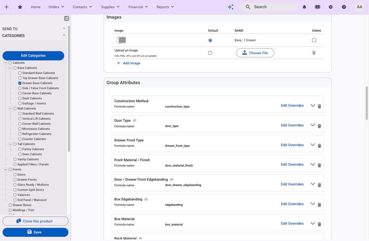 Images and Group Attributes on the product form, each attribute with Edit Overrides