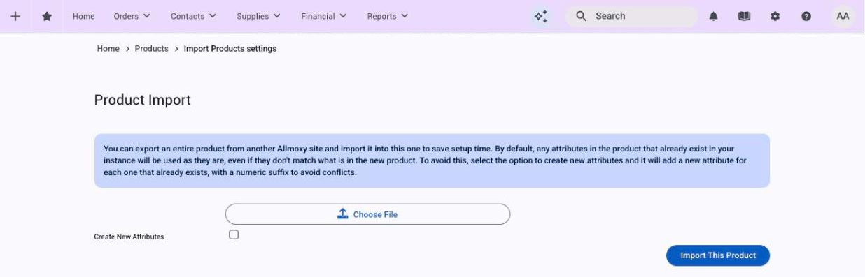 The Import Product page