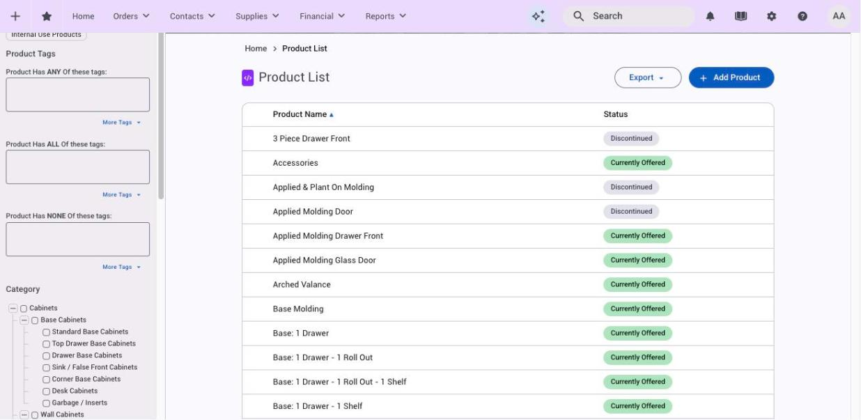 The product list with its sidebar filters