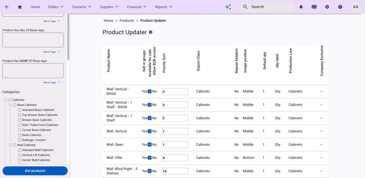 The Product Updater grid with Available for sale and Priority Sort ticked as editable fields