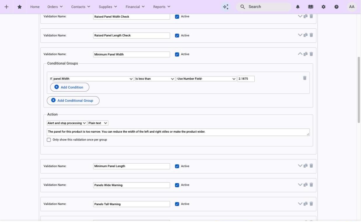 An expanded validation: one conditional group, the action and the message