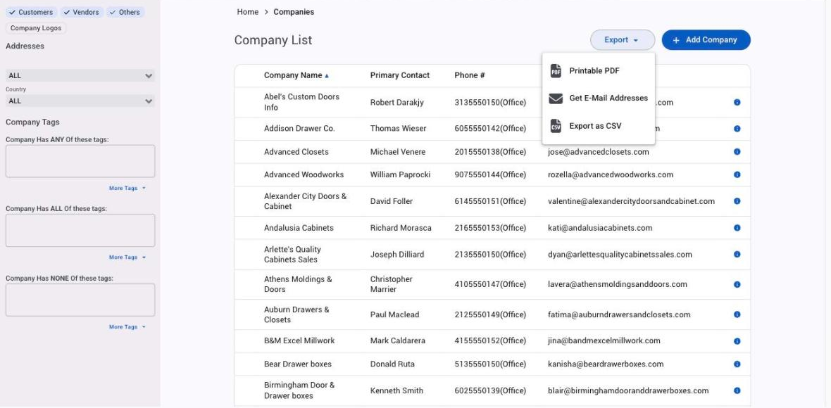 The Export menu on the Companies list: Printable PDF, Get E-Mail Addresses, Export as CSV