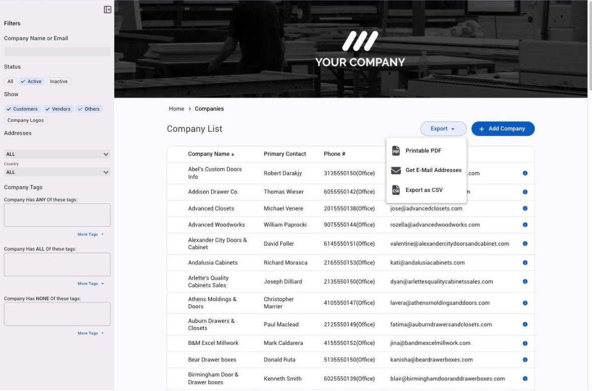 The Companies list with its filters