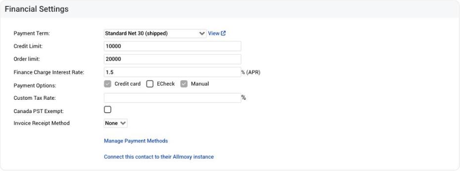 Custom Tax Rate and Canada PST Exempt in the Financial Settings section of the company form