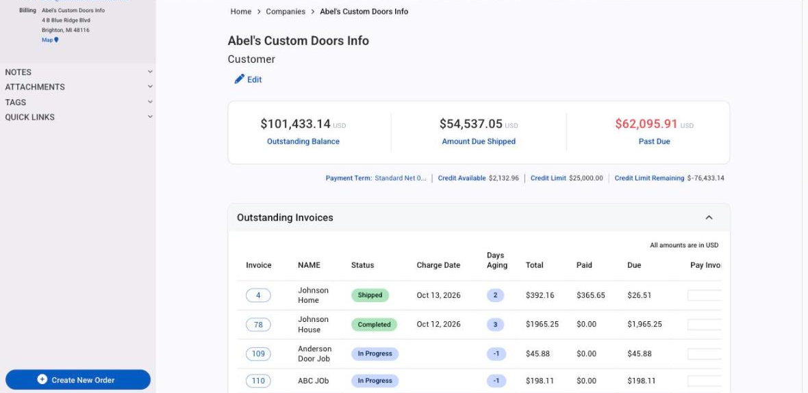 A customer company page with the balance strip and outstanding invoices
