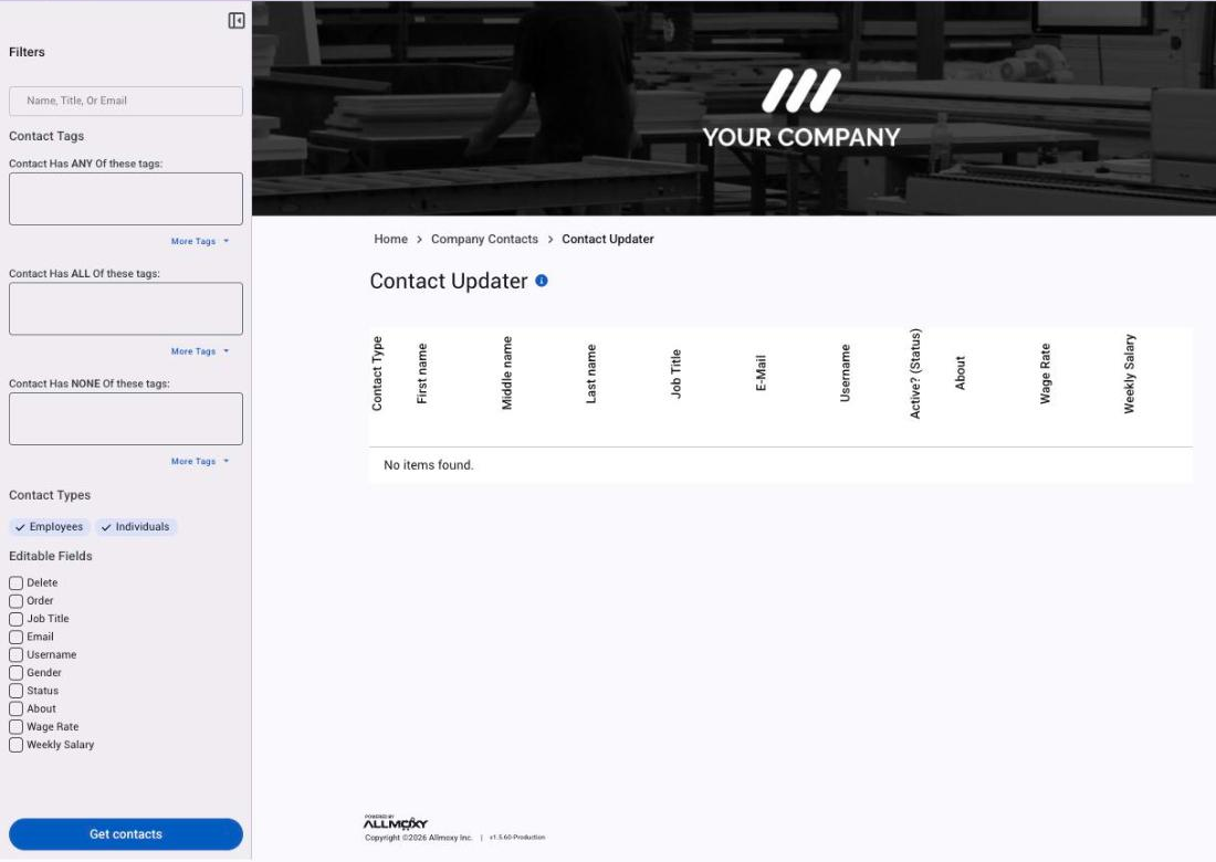 The Contact Updater with its filters, Contact Types and Editable Fields