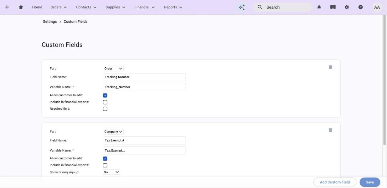 The Custom Fields page with an order field and a company field