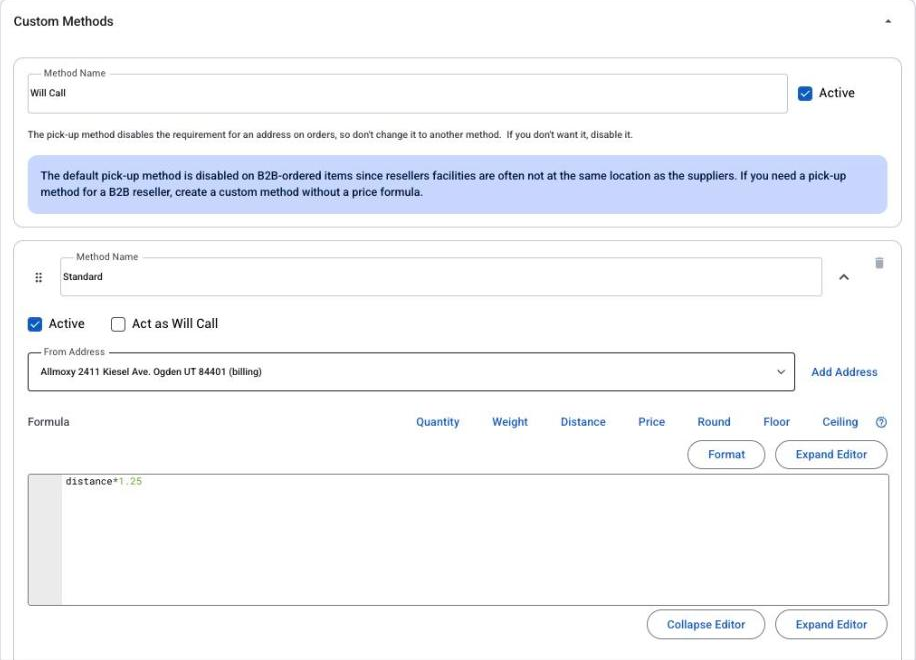 The Custom Methods section: the Will Call card and a custom method with its formula