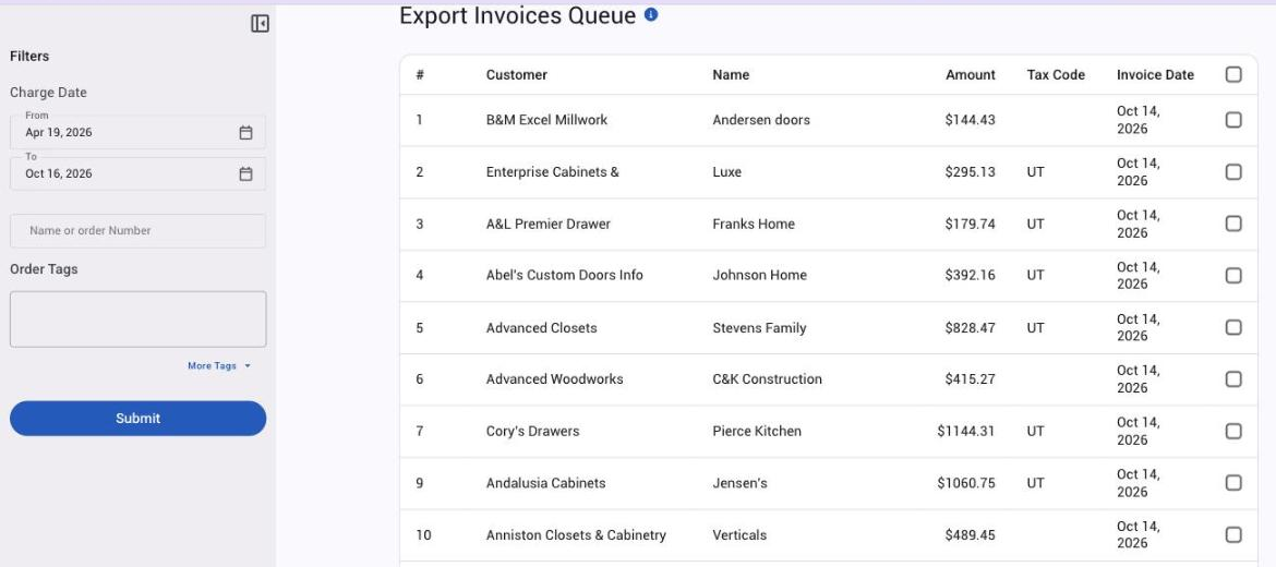 The Export Invoices Queue with its charge date, name and order tag filters