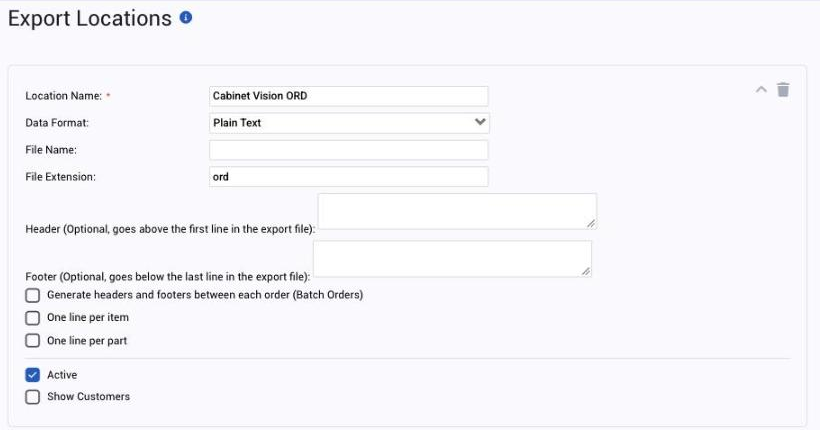 The Export Locations page with the Cabinet Vision ORD exporter expanded: Data Format Plain Text, File Extension ord