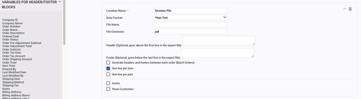 An exporter on the Exporters settings page with its format, file name, header and footer