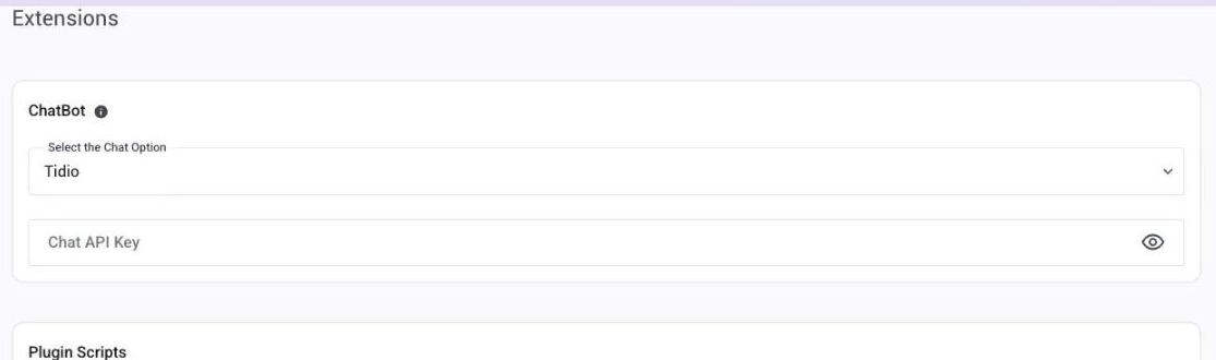 The Extensions page with the Select the Chat Option dropdown and the Chat API Key field