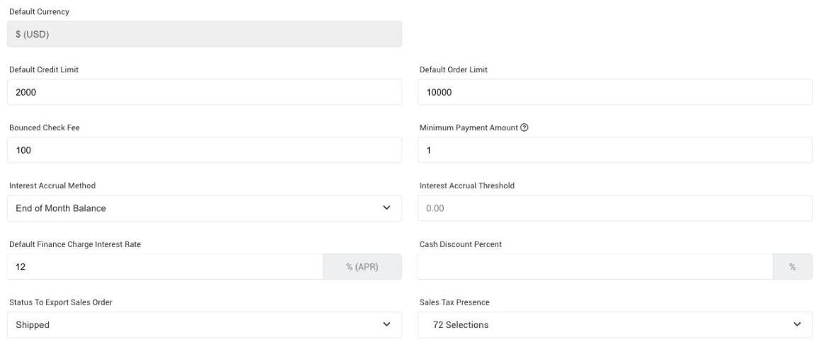Financial Order Settings: currency, limits, fees, finance charges and export status