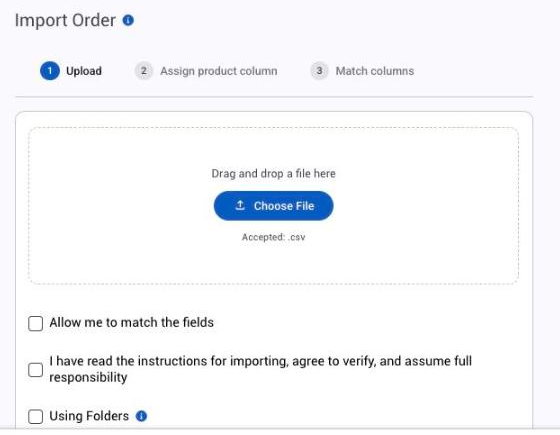 The Import Order upload step with the CSV drop area and the three checkboxes