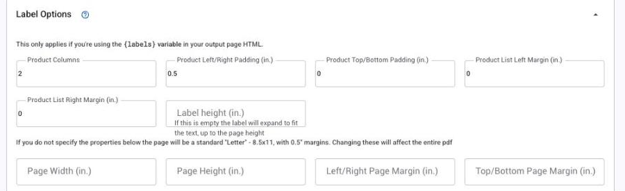 Label Options on a Labels output page