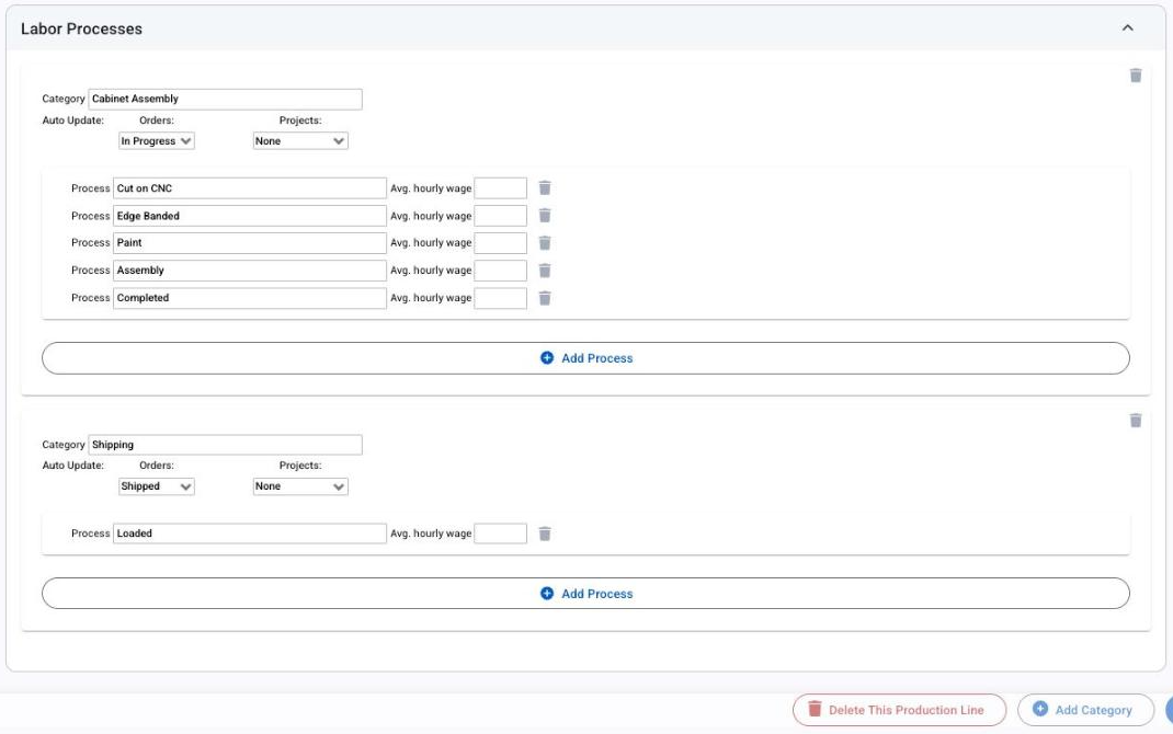 Categories with their Auto Update status and the processes inside each
