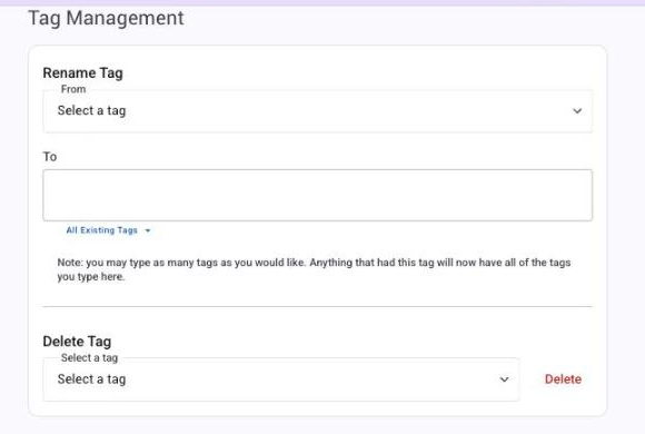 The Tag Management page: Rename Tag and Delete Tag