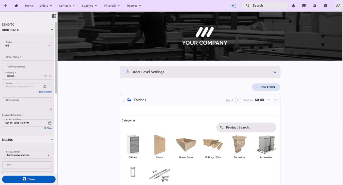 A new catalog order, with Order Info in the sidebar and Folder 1 ready for products