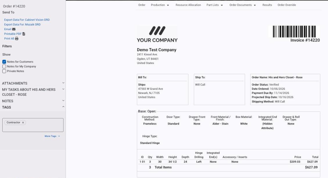 An output page on an order with the Send To panel