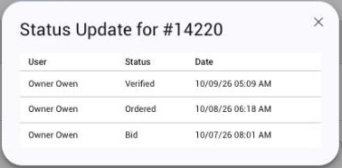 The Status History window, listing the user, status and date of each change