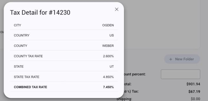 The Tax Detail breakdown opened from the info icon next to Total on an order