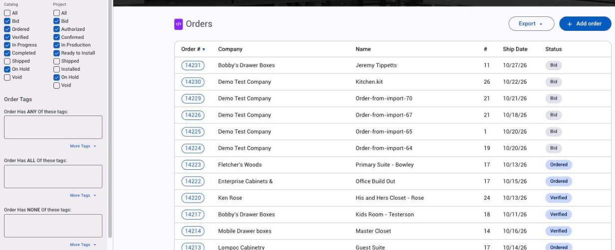 The Orders list with the Catalog and Project status filters on the left