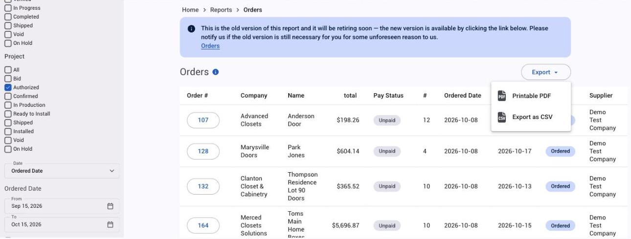 The previous version of the Orders report with its Export menu open: Printable PDF and Export as CSV, and the blue notice linking to the new version