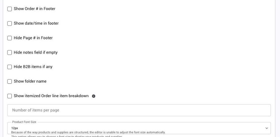 Footer settings in the Contents section of an output page
