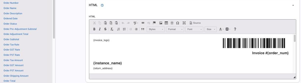 The HTML editor and the variables sidebar on an output page