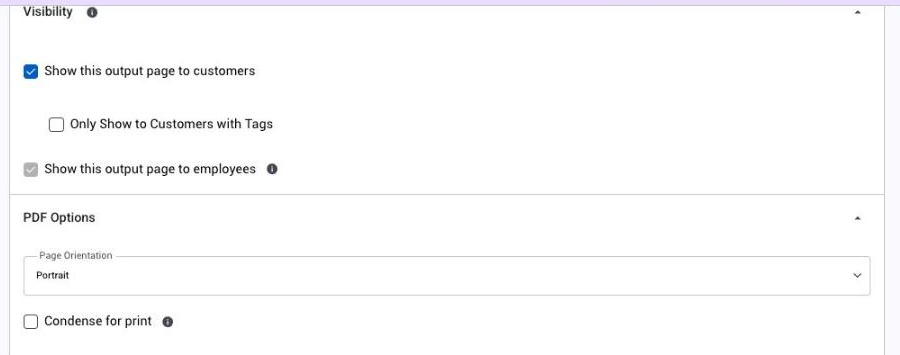 Visibility settings on an output page