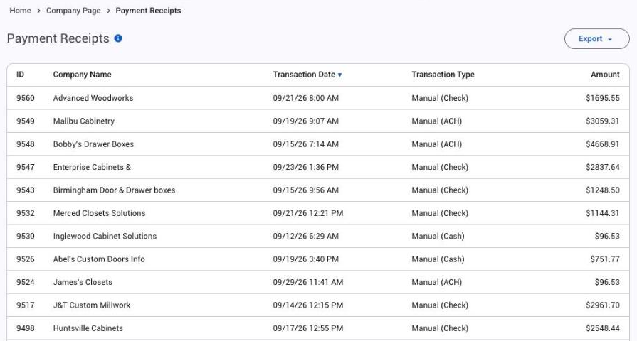 Payment Receipts, filtered by date and payment type