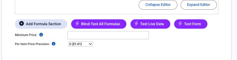 The Blind-Test All Formulas, Test Live Data and Test Form buttons that appear with ?dev=1