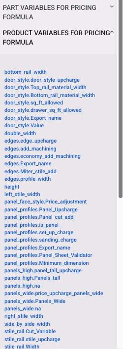 The Pricing tab sidebar listing the product variables a formula can use
