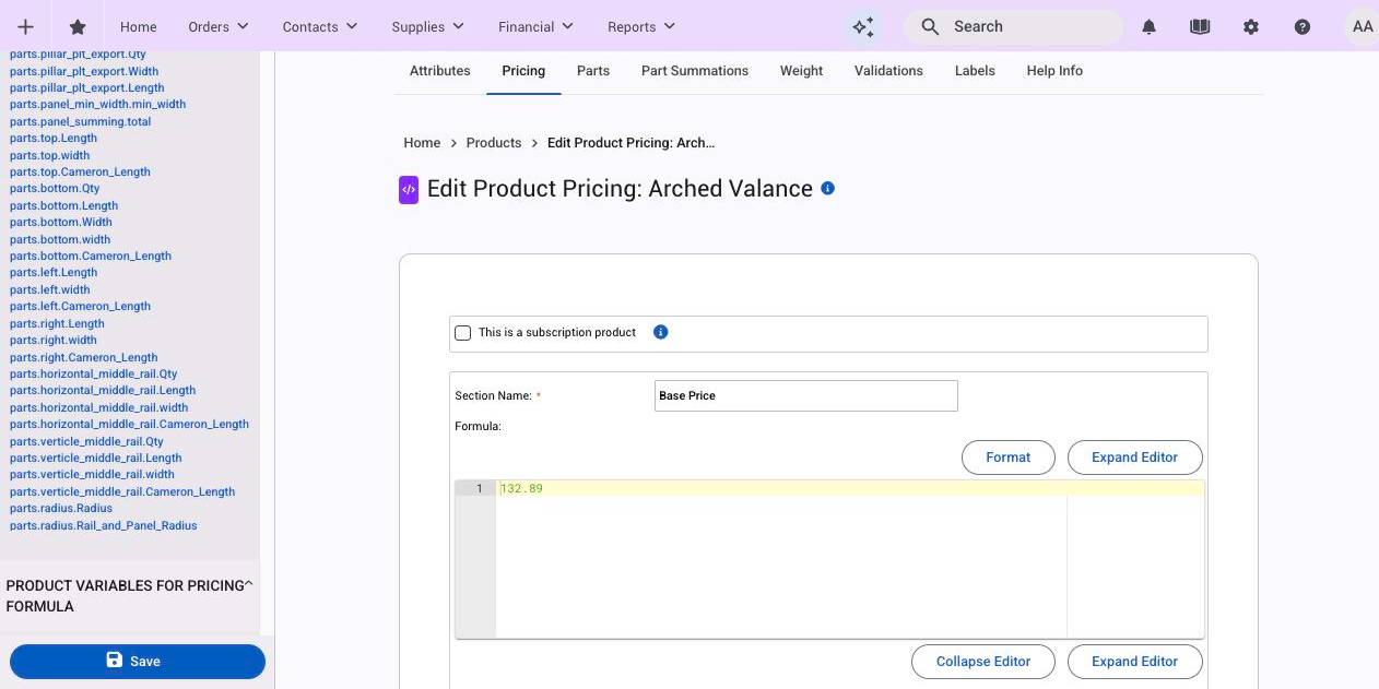 The product Pricing tab with a formula section