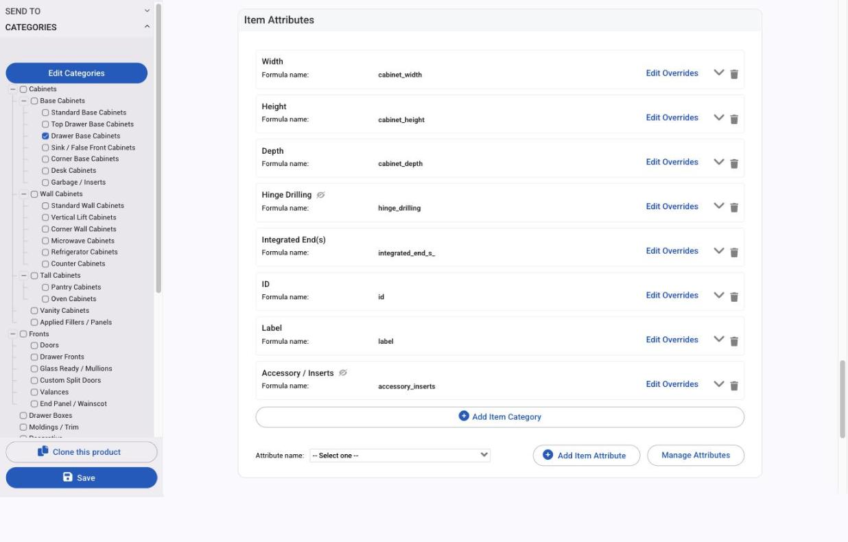 Item Attributes on a product, with Edit Overrides on each, Add Item Category, and the Add Item Attribute picker