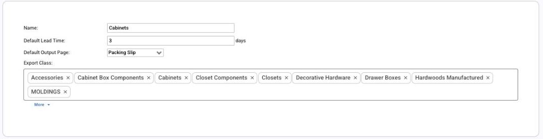 A production line: name, default lead time, default output page and export classes
