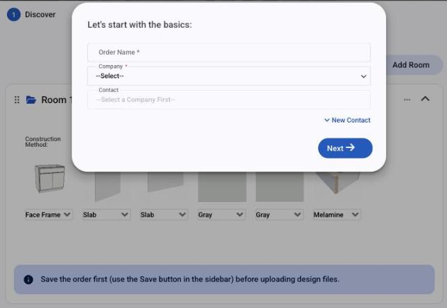 The Let's start with the basics window on a new project order
