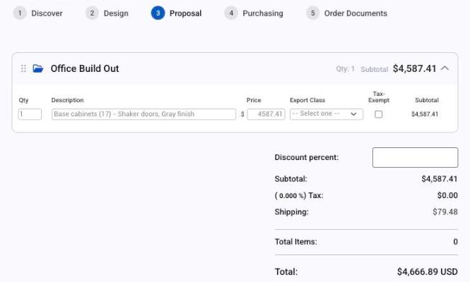 The Proposal step of a project order, with Qty, Description, Price, Export Class and Tax-Exempt columns